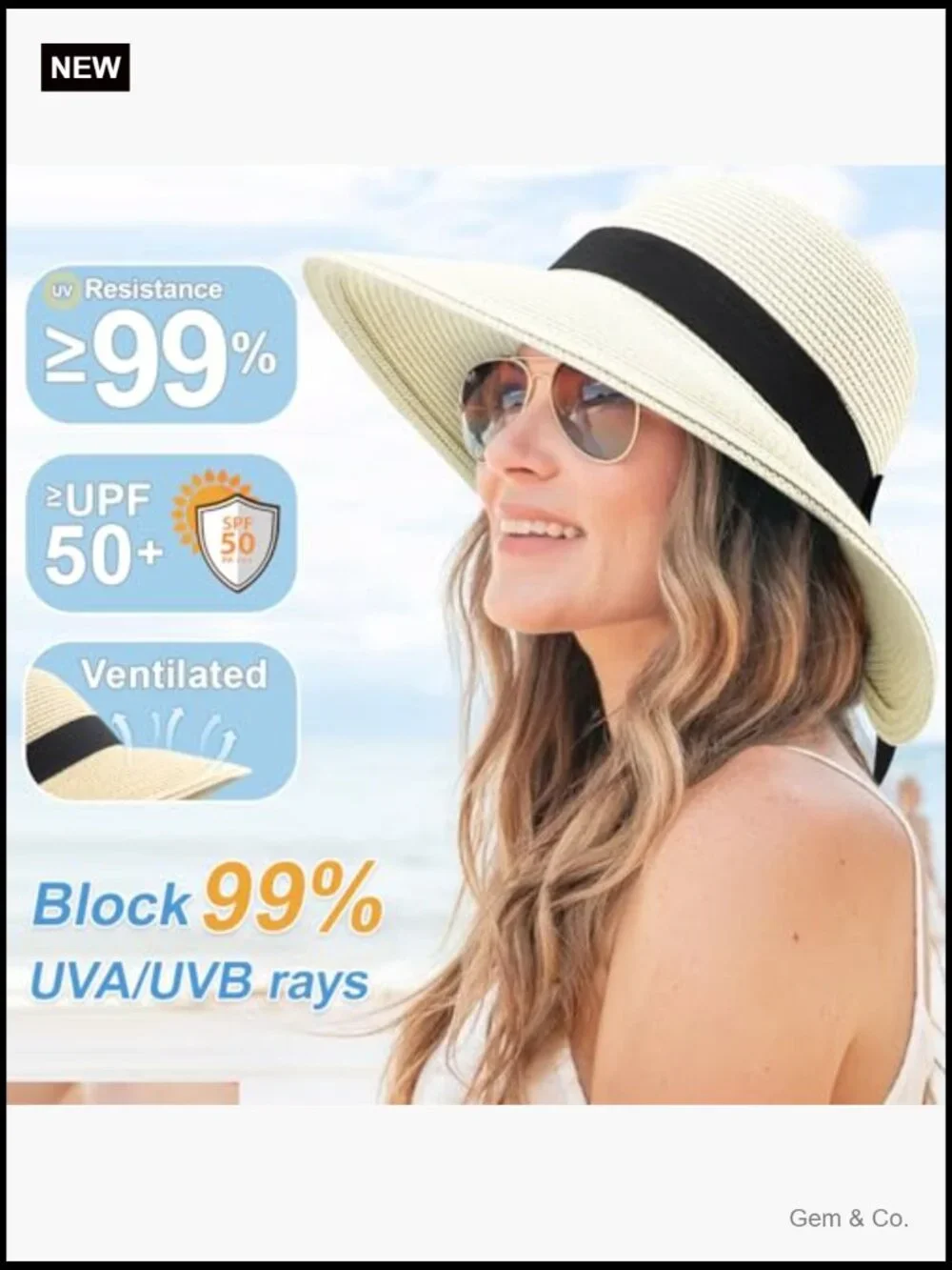 Wide Brim Straw Sun Hat UPF 50+ Foldable Travel Beach Bucket Hat